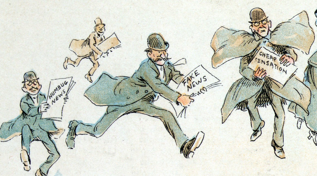 Three running men carrying papers with the labels "Humbug News", "Fake News", and "Cheap Sensation".