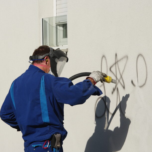 Worker in blue uniform cleaning graffiti