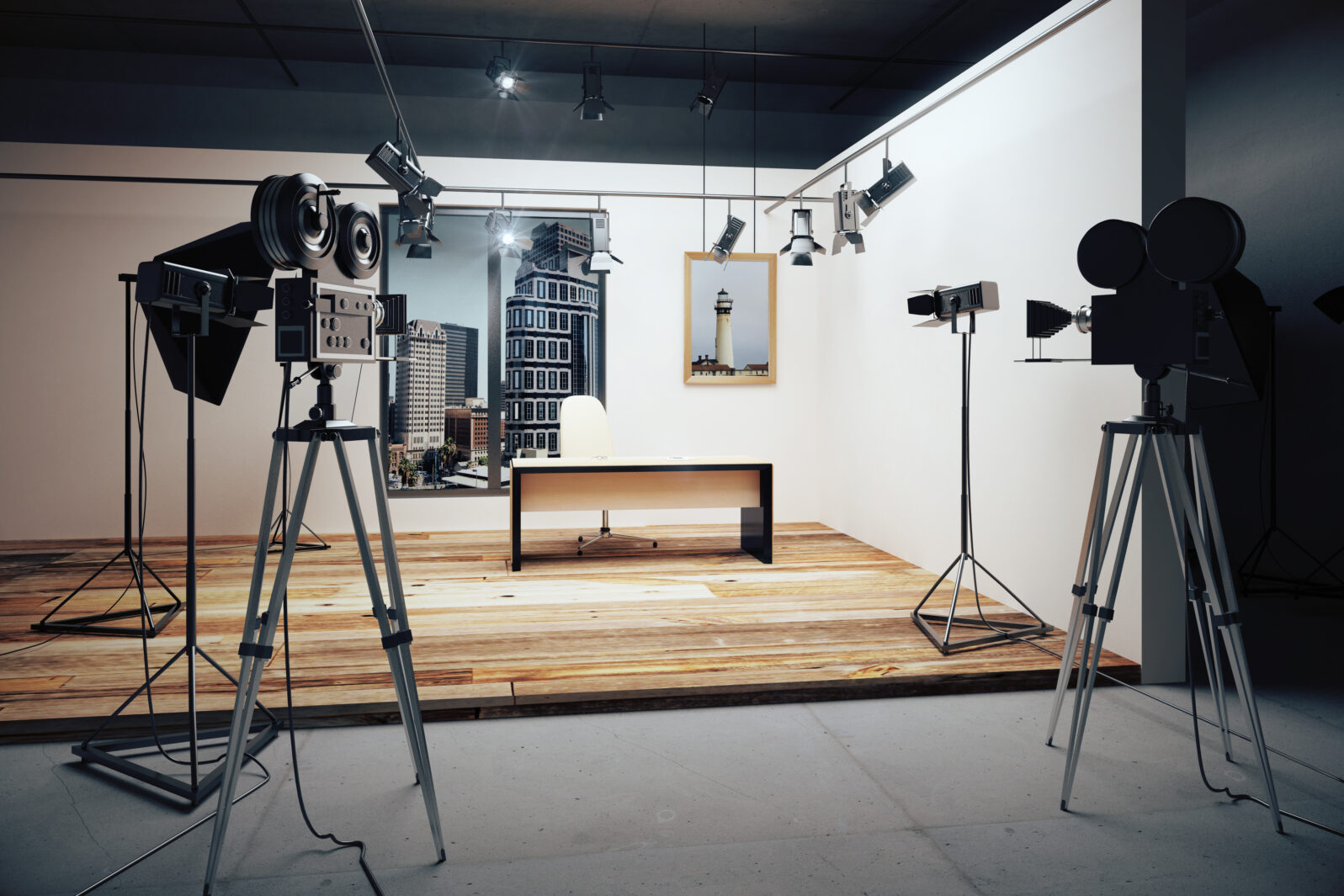 Film studio with cameras and movie equipment exposing edge of facade