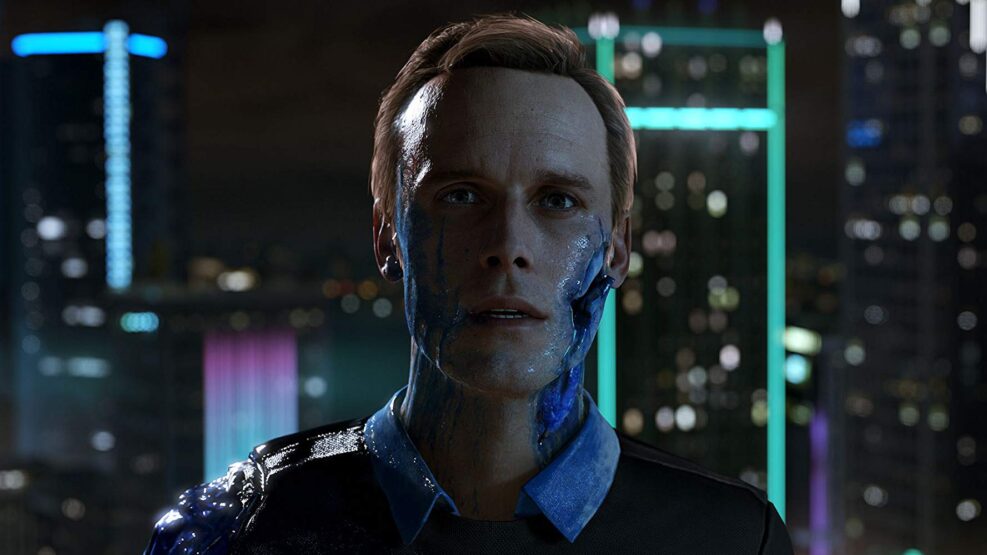 Character from Detroit: Become Human with blue chemical on face disintegratingn