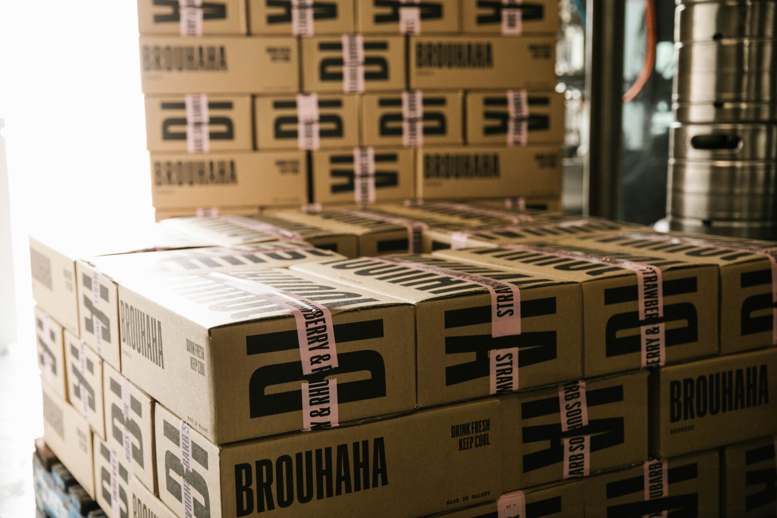 Cardboard boxes from Brouhaha brewery waiting to be shipped