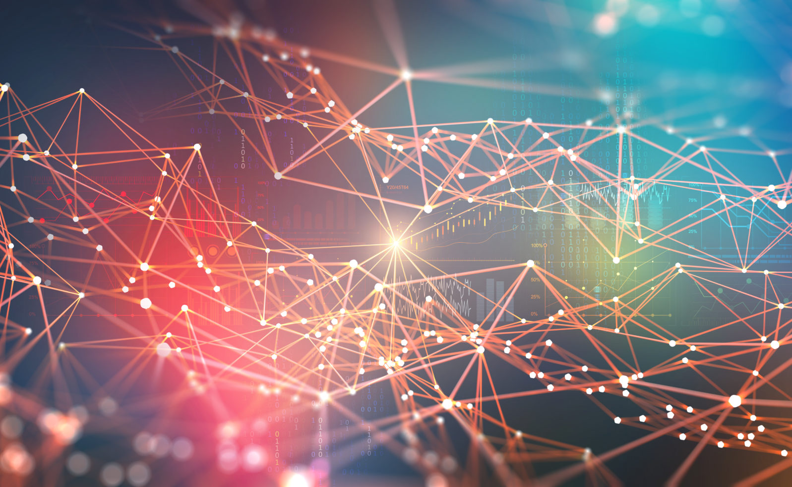 Global network. Blockchain 3D illustration. Neural networks and artificial intelligence. Concept of cyberspace. Abstract technological background with binary code elements