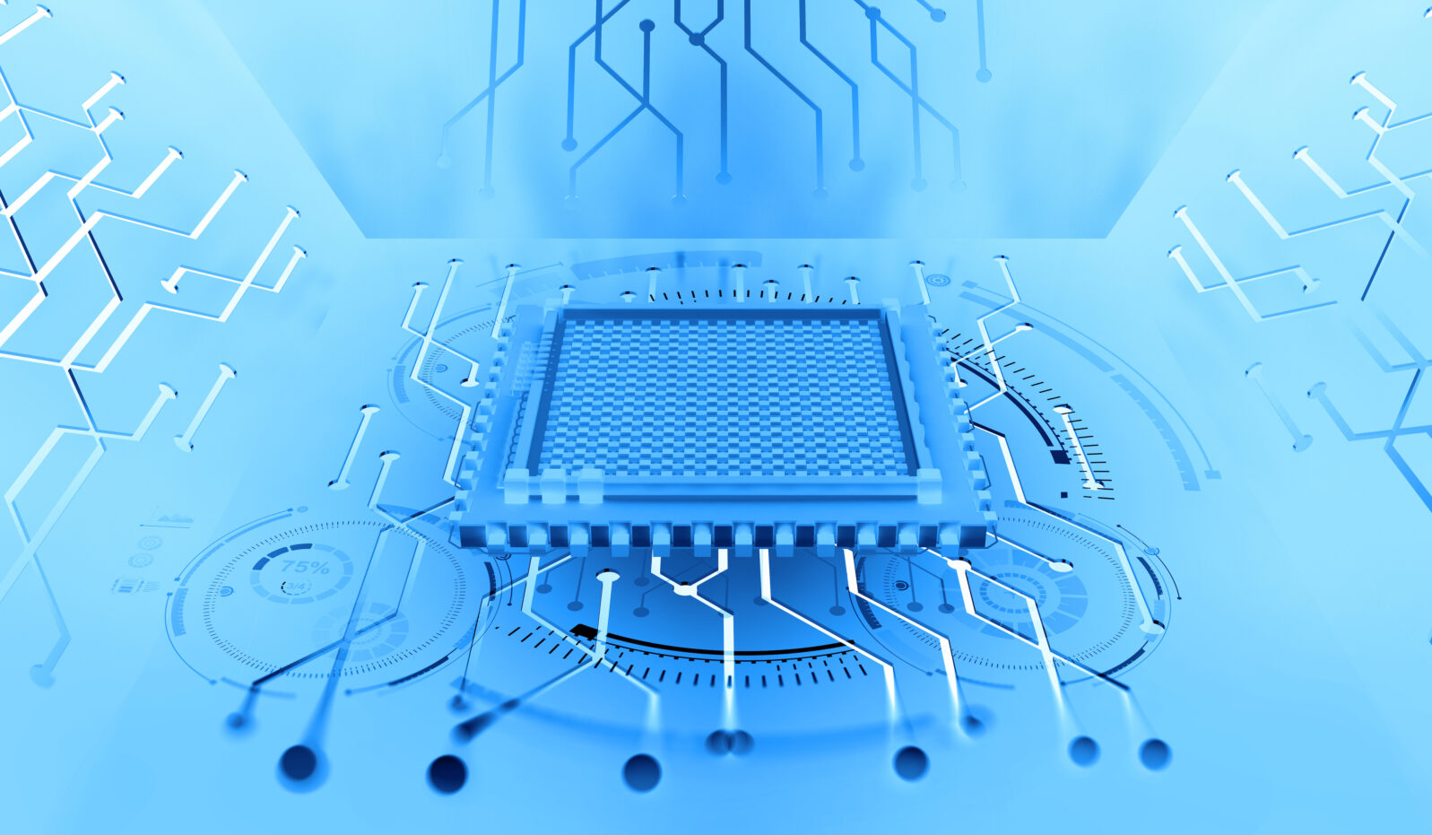 Processor of the future. Concept of global cyberspace. Innovations in computer nanotechnology. 3D illustration of an abstract microchip