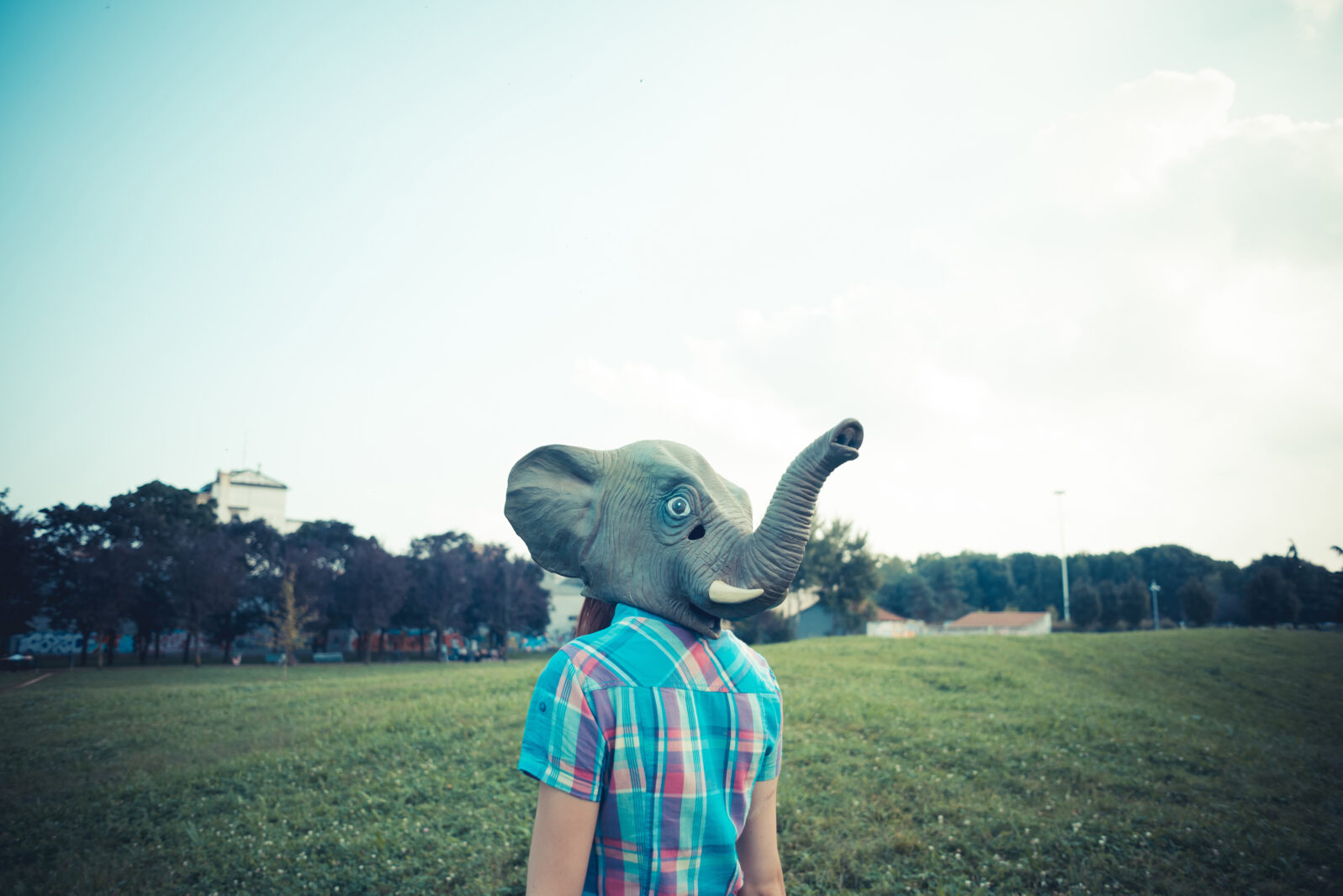 elephant mask beautiful young hipster woman in the city