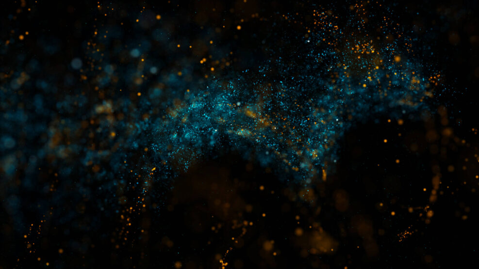 Abstract background 3d render. Chaotic particles with random size. Twisted massive of particles with glow.