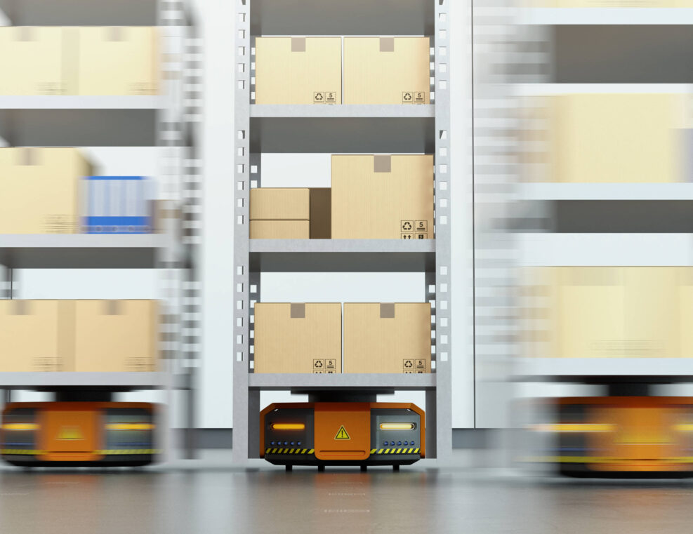 Orange robots carrying pallets with goods in modern warehouse. Modern delivery center concept. 3D rendering image.