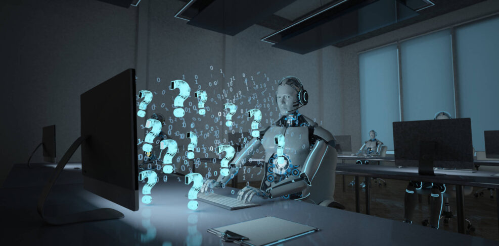 Humanoid robot in a call center with questions in the front of the monitor. 3d illustration.