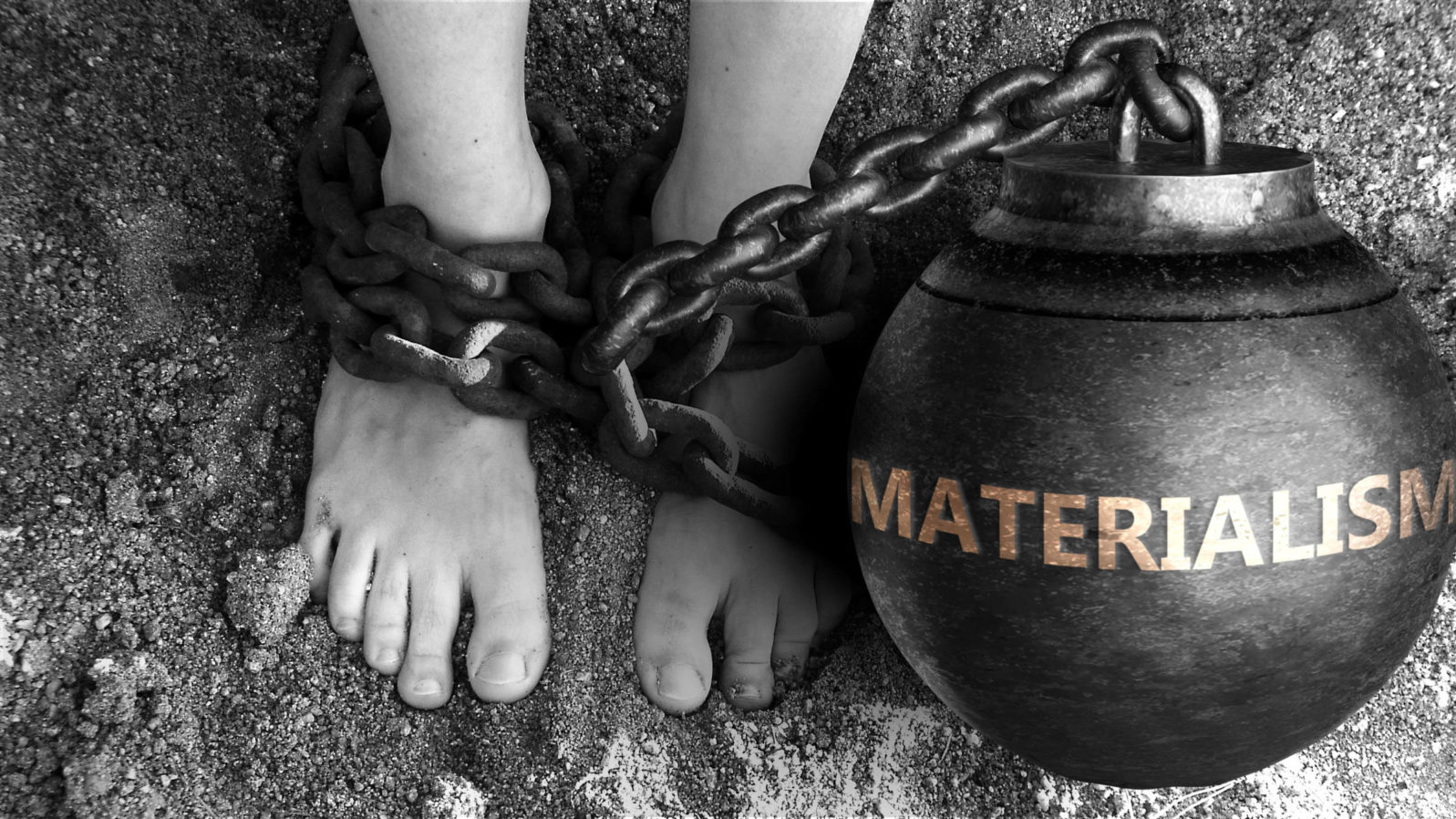 Materialism as a negative aspect of life - symbolized by word Materialism and and chains to show burden and bad influence of Materialism, 3d illustration