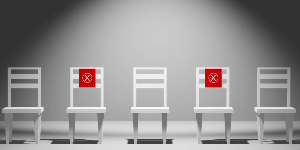 Social distance concept. keep spaced between each chairs make separate for social distancing, increasing physical space between people to avoid spreading illness during transmission of COVID-19. 3D
