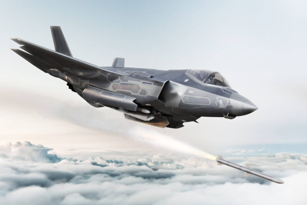 F35 advanced military aircraft locking on target and firing Missile's . 3d rendering