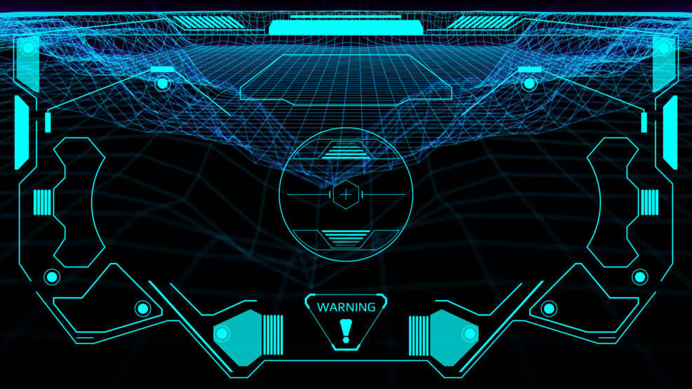 HUD Futuristic Screen Design Element Virtual Reality Aerial View Escort Security Technology. UI Information Interface In Cyberspace Scanning Landscape Geometric Wireframe..