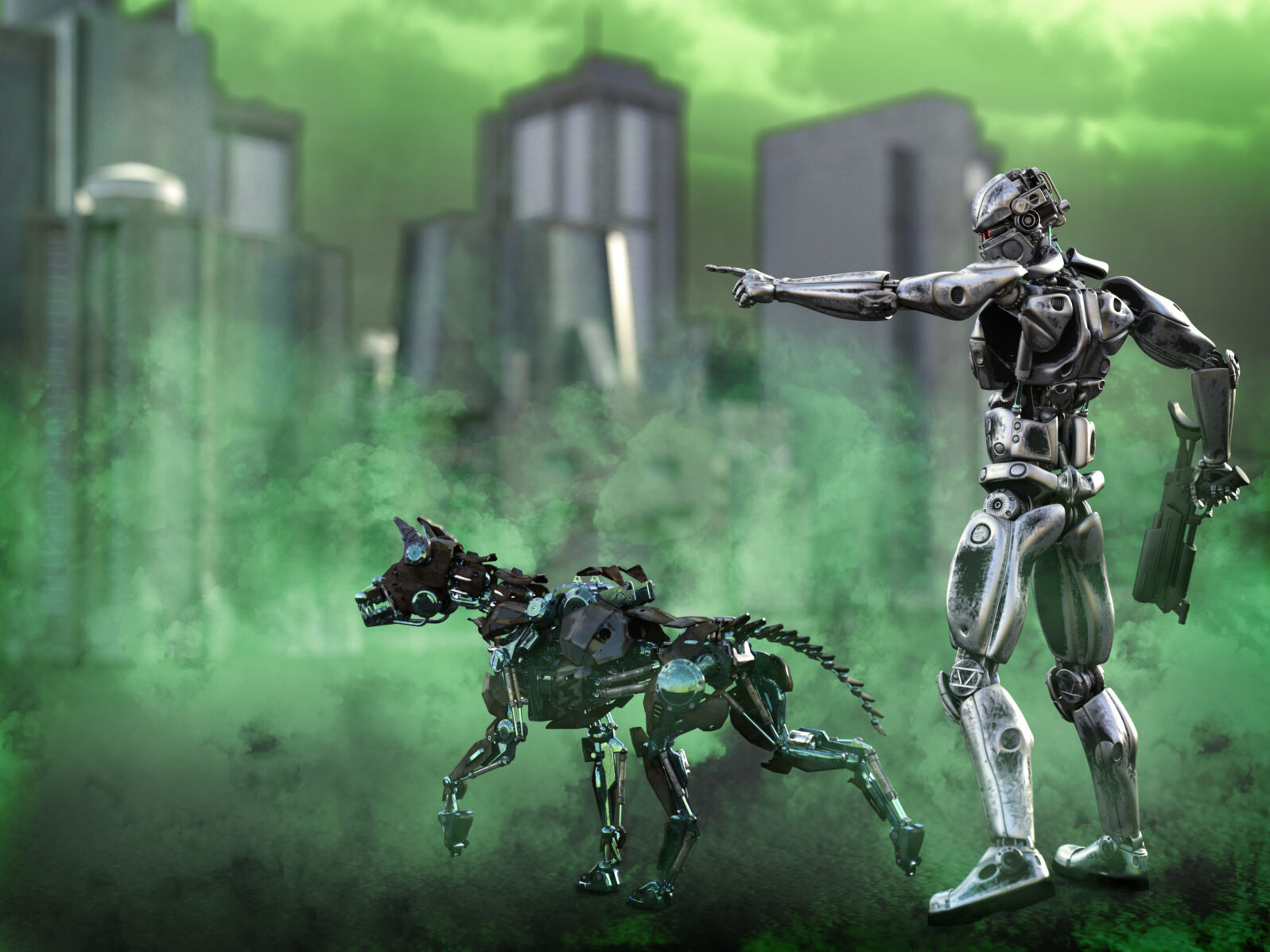 3D rendering of a futuristic mech soldier with dog.