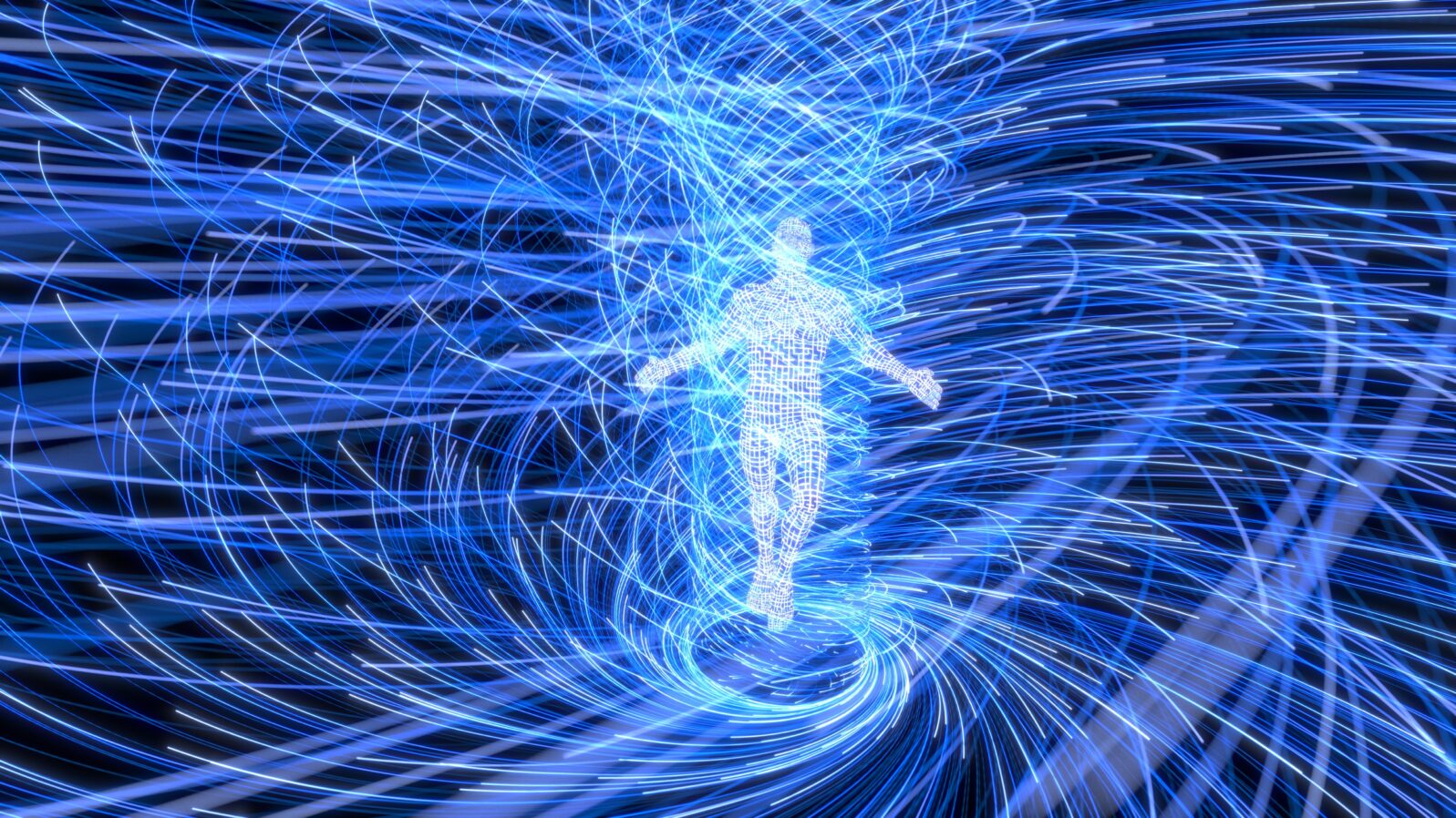 artificial intelligence figure in the center of blue energy vortex. 3d illustration
