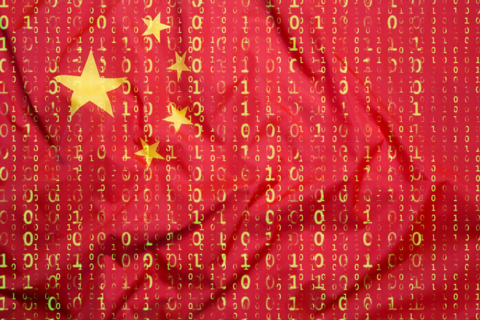 Binary code with China flag, data protection concept