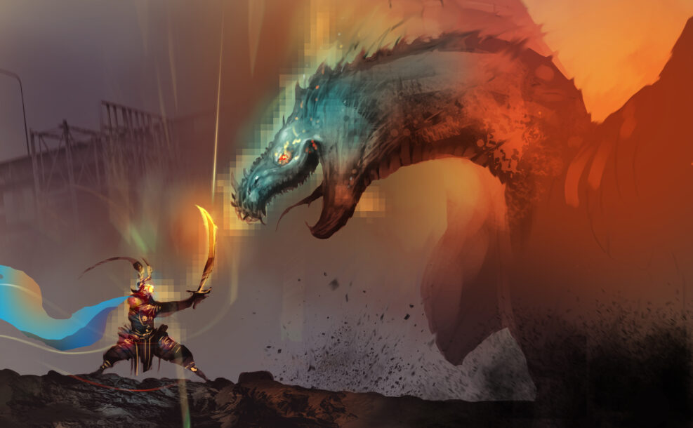Digital illustration painting design style a dragon slayer fighting with boss of dragon in video game, against ruins city.