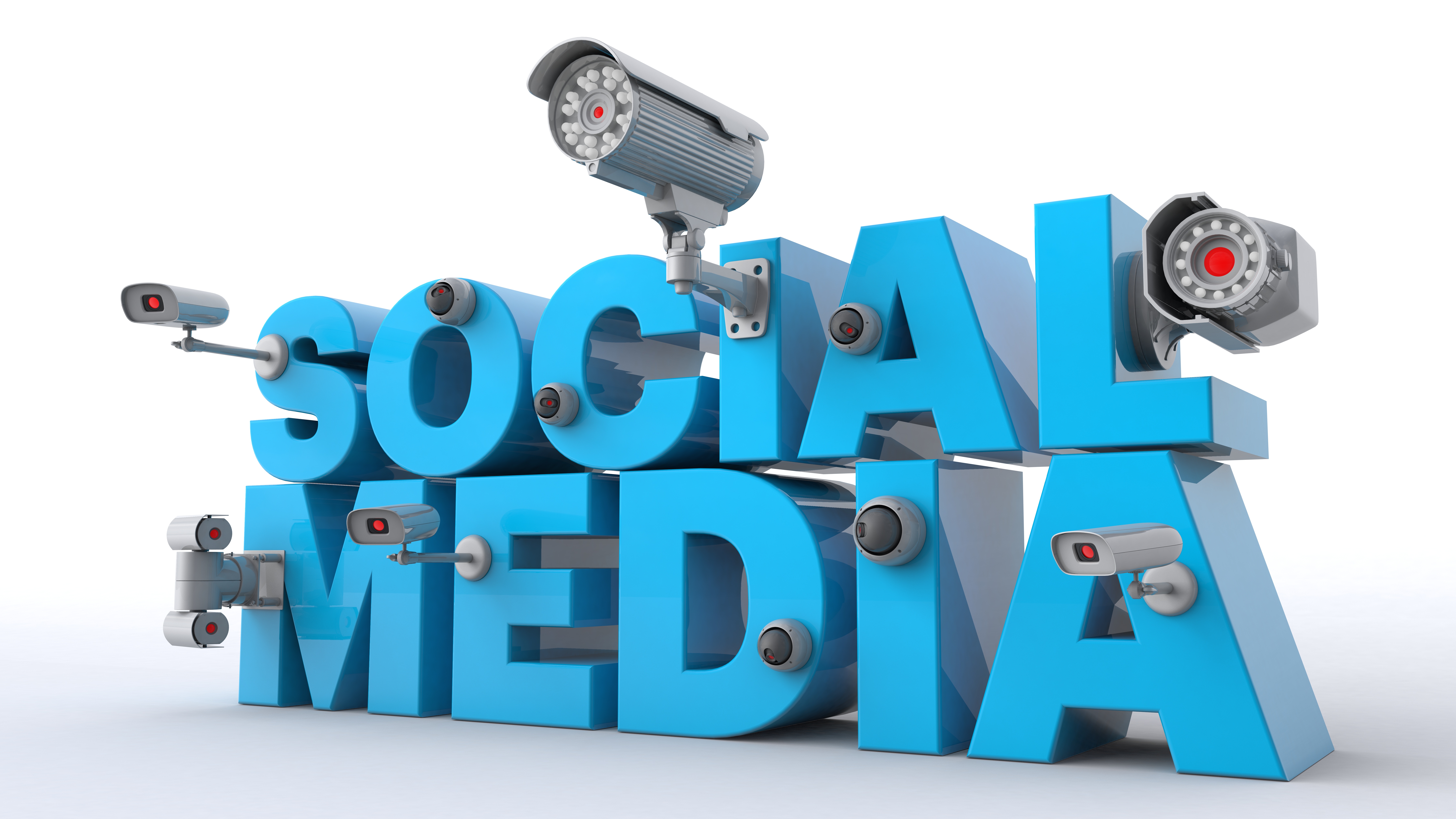 3D illustration of Social Media text with CCTV cameras