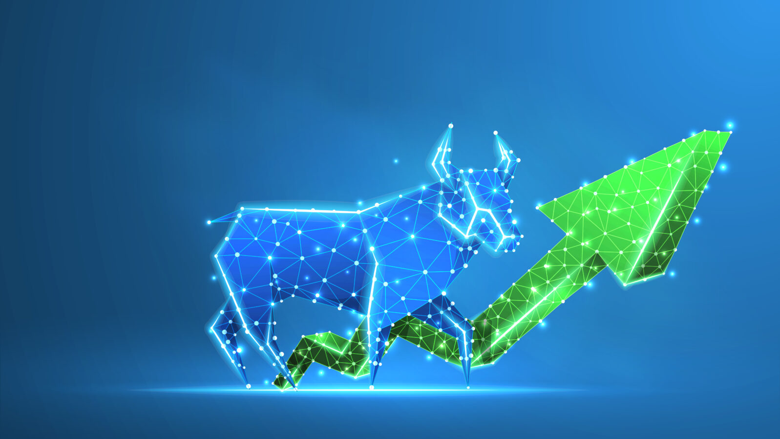 Bull market trend, green growth arrow. Stock Exchange and concept of a trading chart. Low poly, wireframe 3d Raster illustration. Abstract polygonal image on blue neon background