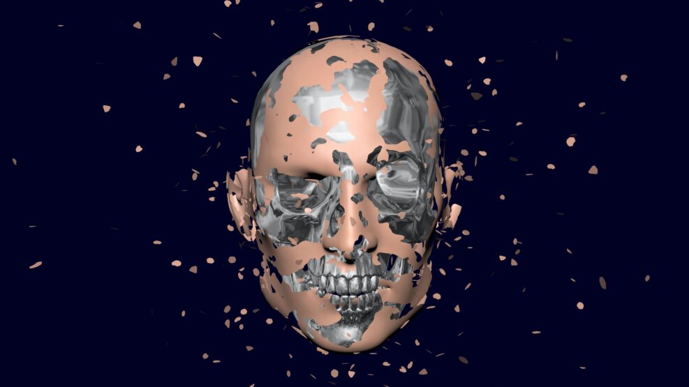 Skin flaking off face, reveals skull, robotic head. 3d render