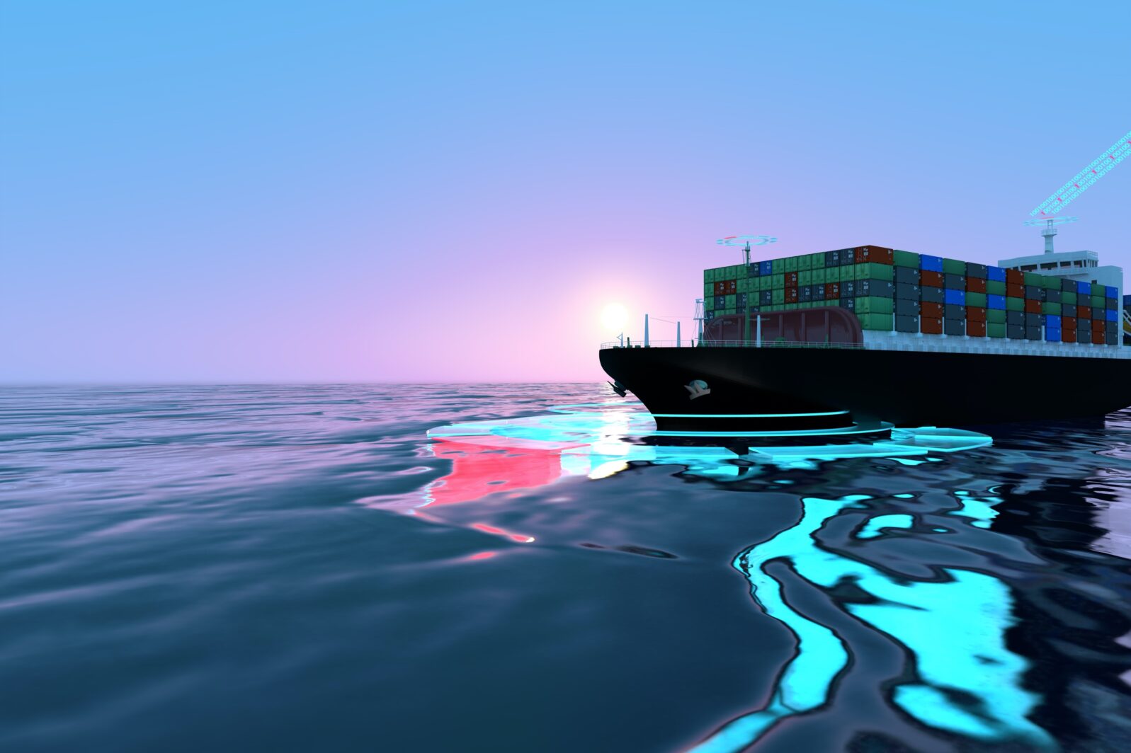 3D illustration of an autonomous shipping vessel controlled remotely by artificial intelligence software managed by sensors on the shipping freight
