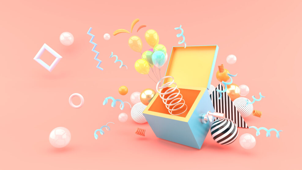 A surprise box surrounded by balloons and ribbon on a pink background.-3d rendering.