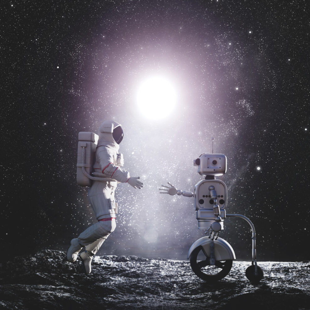 Astronaut and robot or artificial intelligence handshake on alien planet.