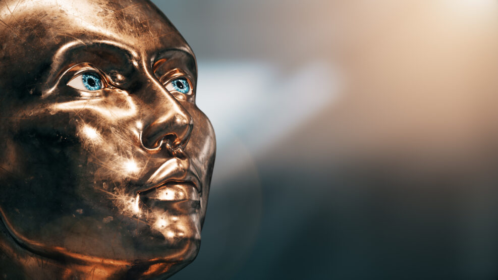 A 3D render of a futuristic person made of gold, looking up at the sun