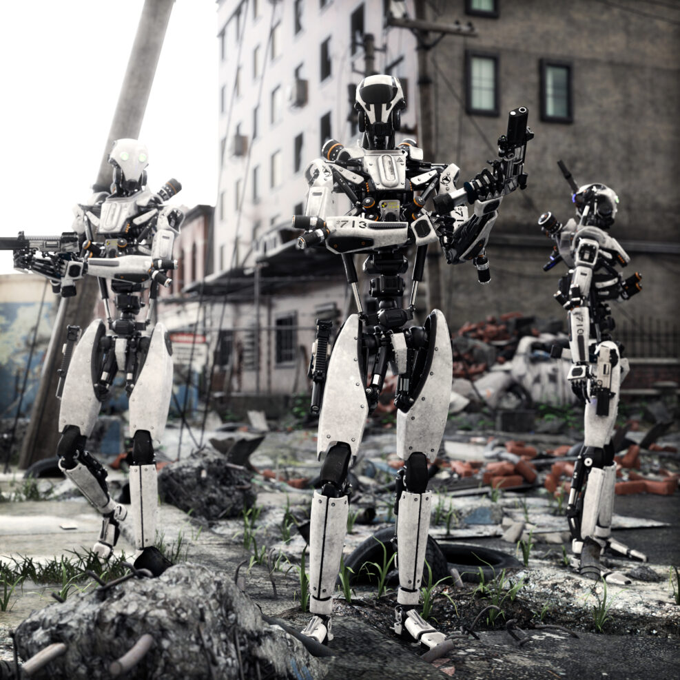 Artificial Intelligence self aware android robots patrolling a destroyed city. 3d rendering