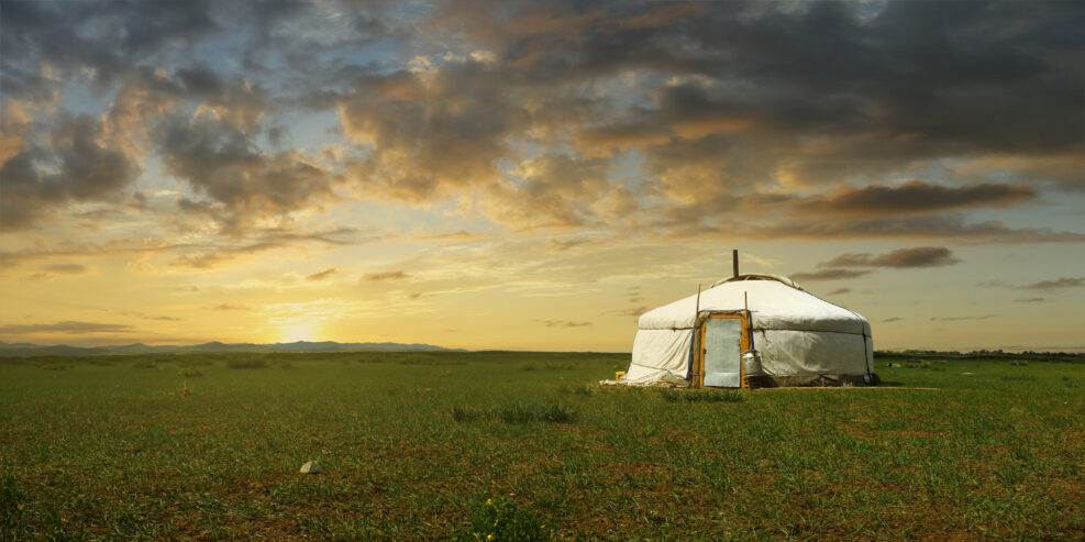 sunset on a yurt , in the grassland of Mongolia