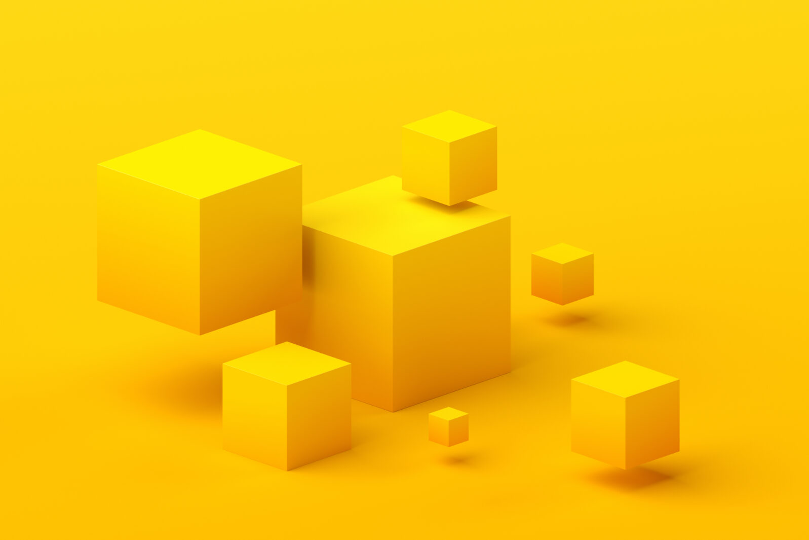 Abstract 3d render, geometric composition, yellow background design with cubes