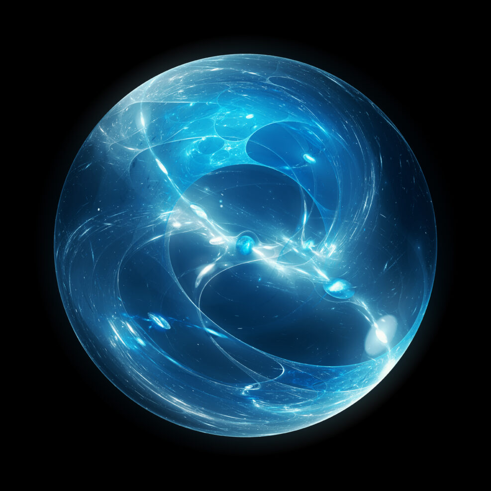Blue glowing multidimensional energy sphere isolated on black