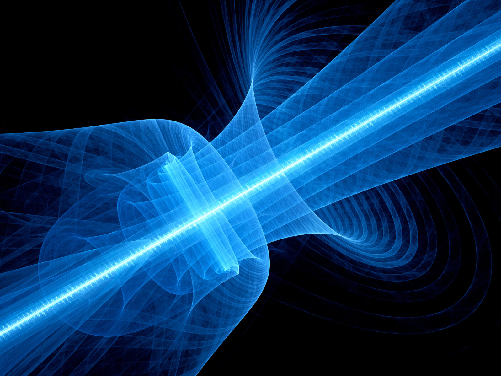 Blue glowing quantum laser in space with rippled beam
