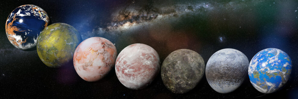 collection of alien planets in front of the Milky Way galaxy, nearby exoplanets