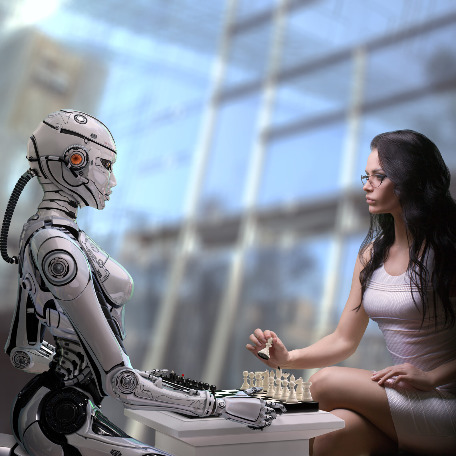 Fembot Robot Playing Chess with Woman