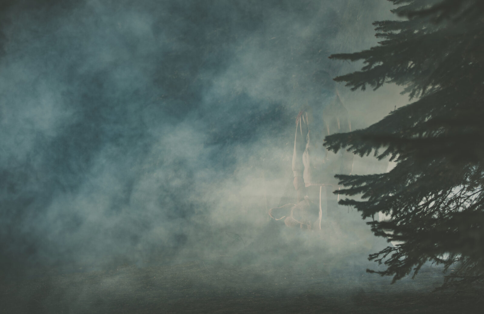 Ghost of Girl in Dark Foggy Forest