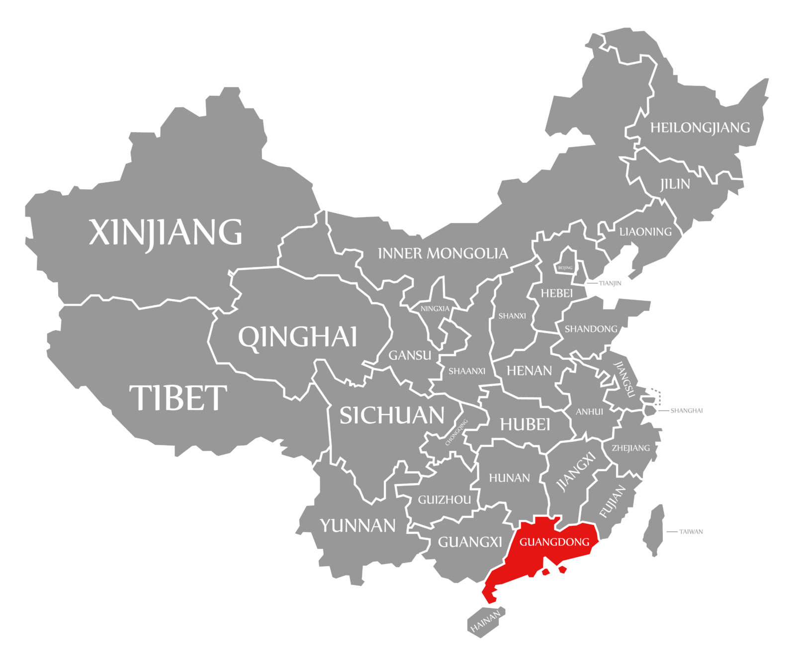 Guangdong red highlighted in map of China