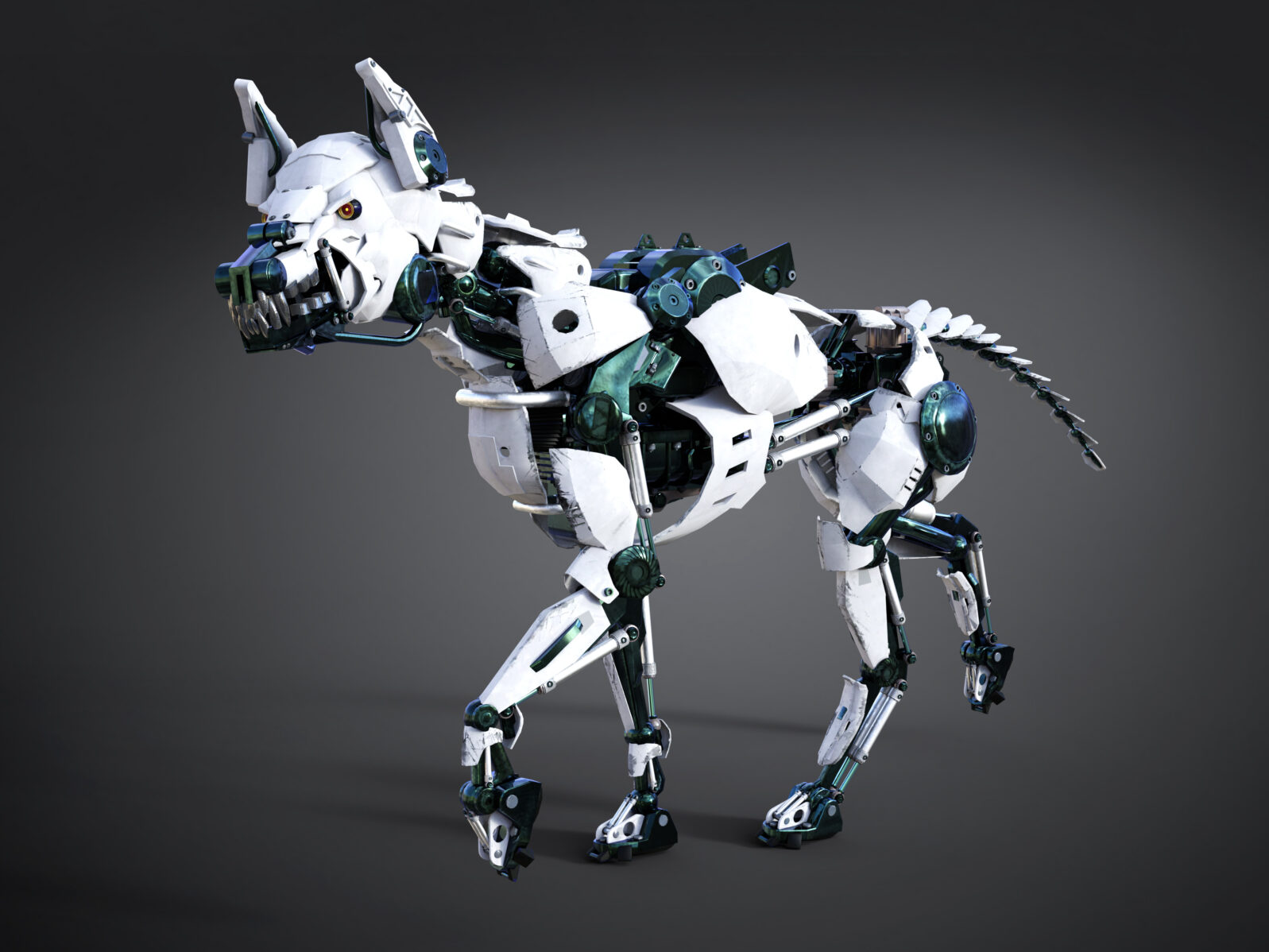 3D rendering of a futuristic robot dog.