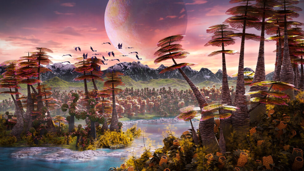 alien planet landscape, beautiful forest the surface of an exoplanet