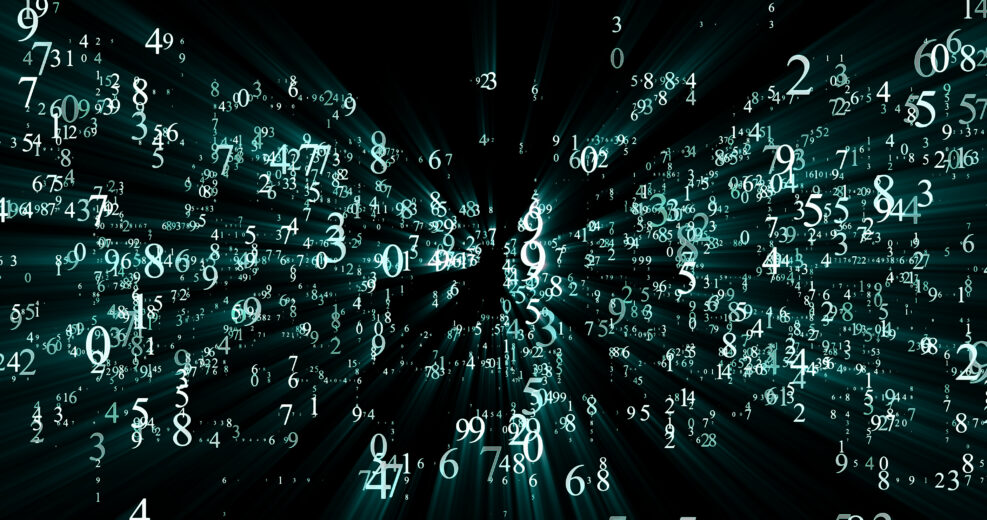 burst set of random numbers glowing on a black background