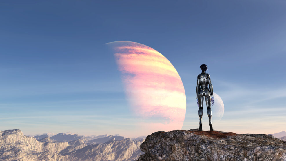 Illustration of an extraterrestrial wearing a spacesuit standing on a mountaintop looking at the blue sky on an alien planet.