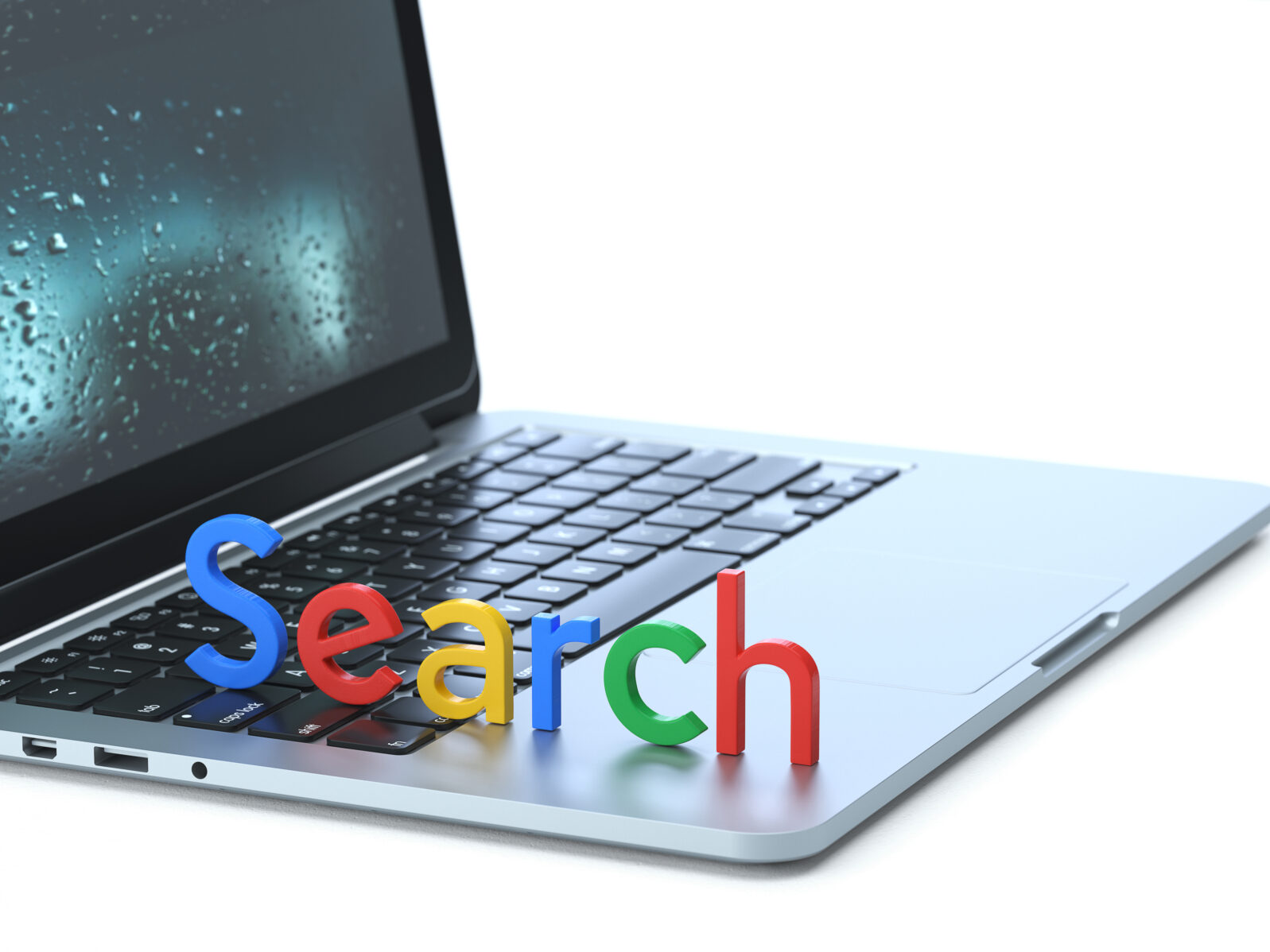 SEO symbol  on the keyboard of a latop, 3d rendering,conceptual image. online  google and search concepts.