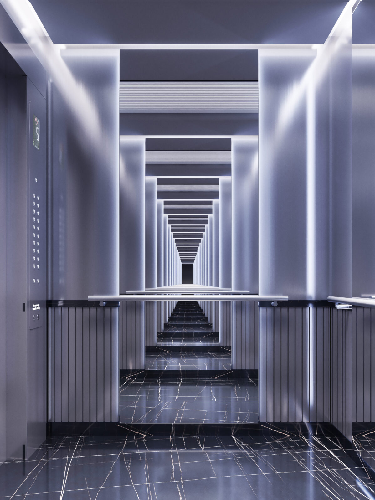 Futuristic design of an elevator cabin with mirrors with neon illumination and metal panels. Modern elevator design. Reflection to infinity.