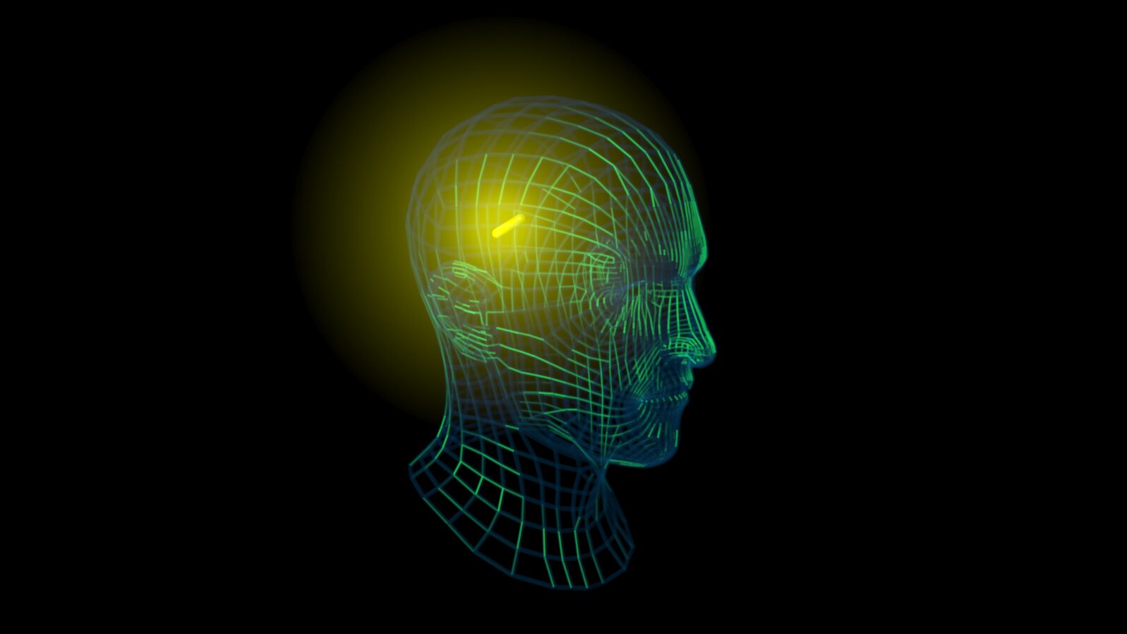 Glowing yellow implant inside human head. Uses: medical, alien, future tech where monitoring and transmission of  biotelemetry is involved.