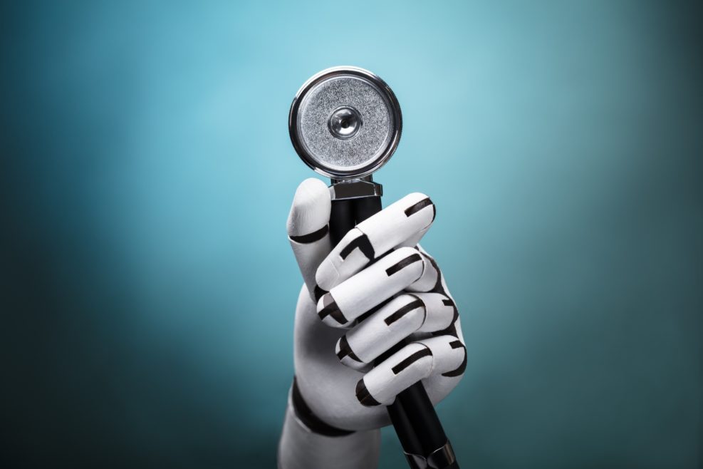 Close-up Of A Robot's Hand Holding Stethoscope On Colorful Background`