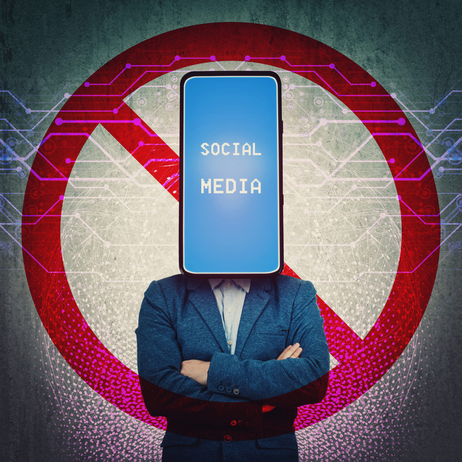 Social media censorship, political war between US president banning social networks. Incognito smartphone headed person with forbidden sign behind his back. Internet communication risk concept.