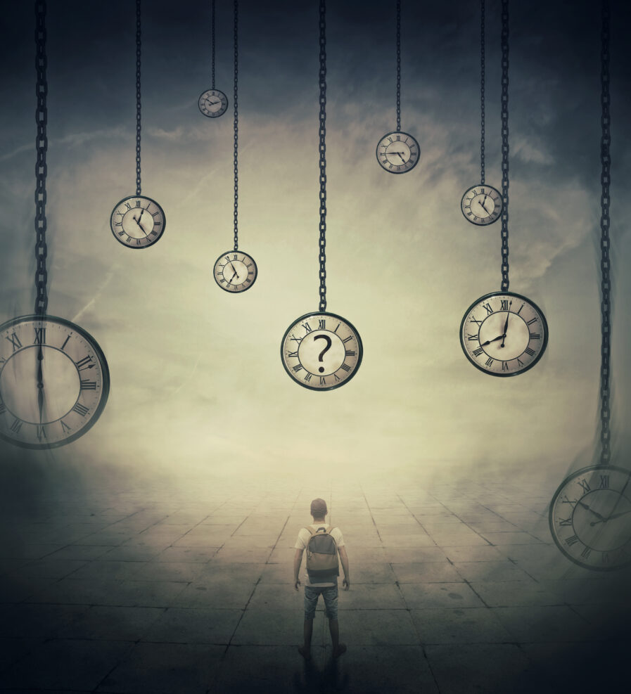 Surrealistic image with a man lost in time, standing in a foggy street in front of huge clocks set to different times. Hour perception and time travel concept.