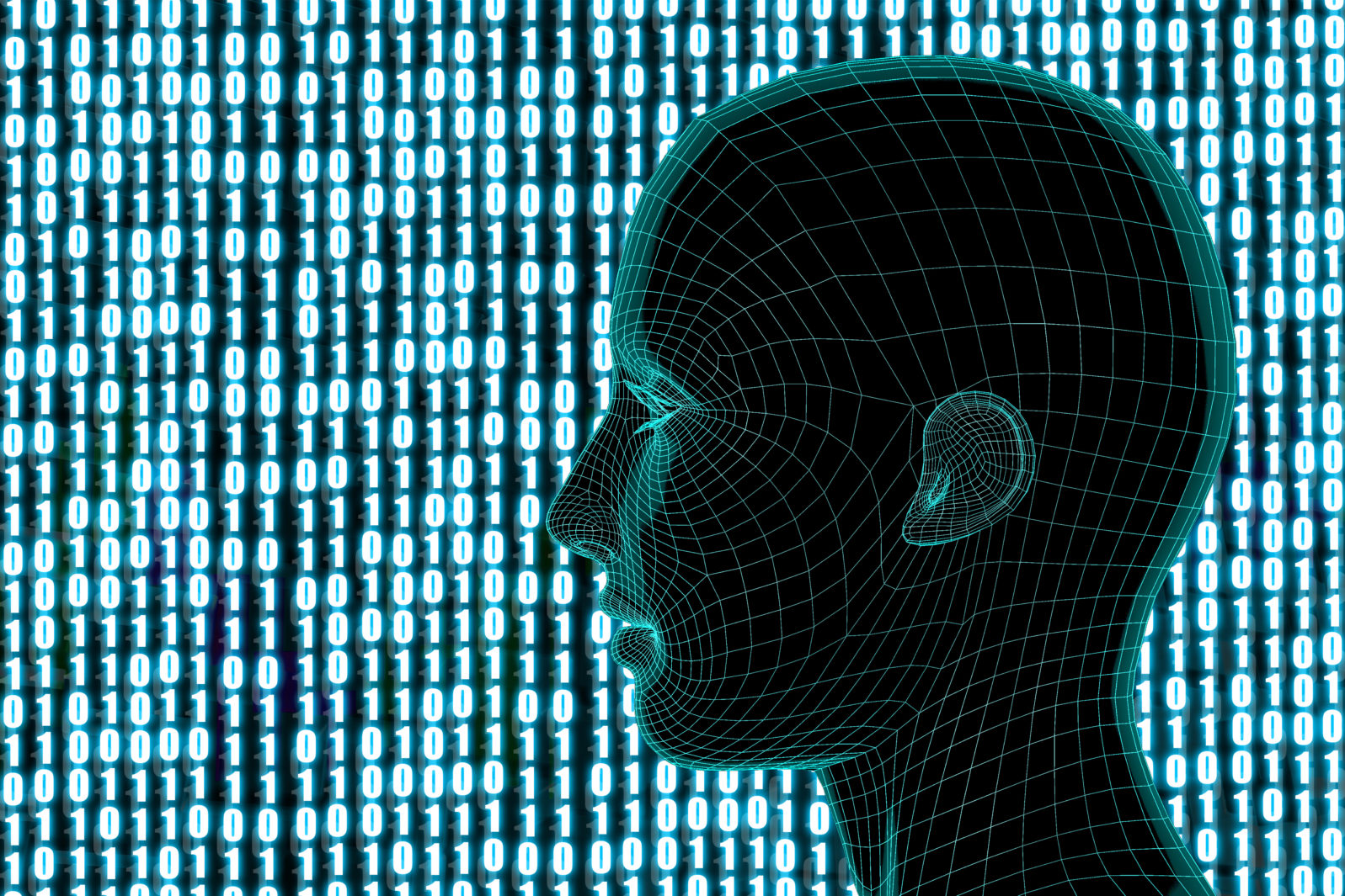 Abstract Ai human's head wireframe with digital 0 and 1 background