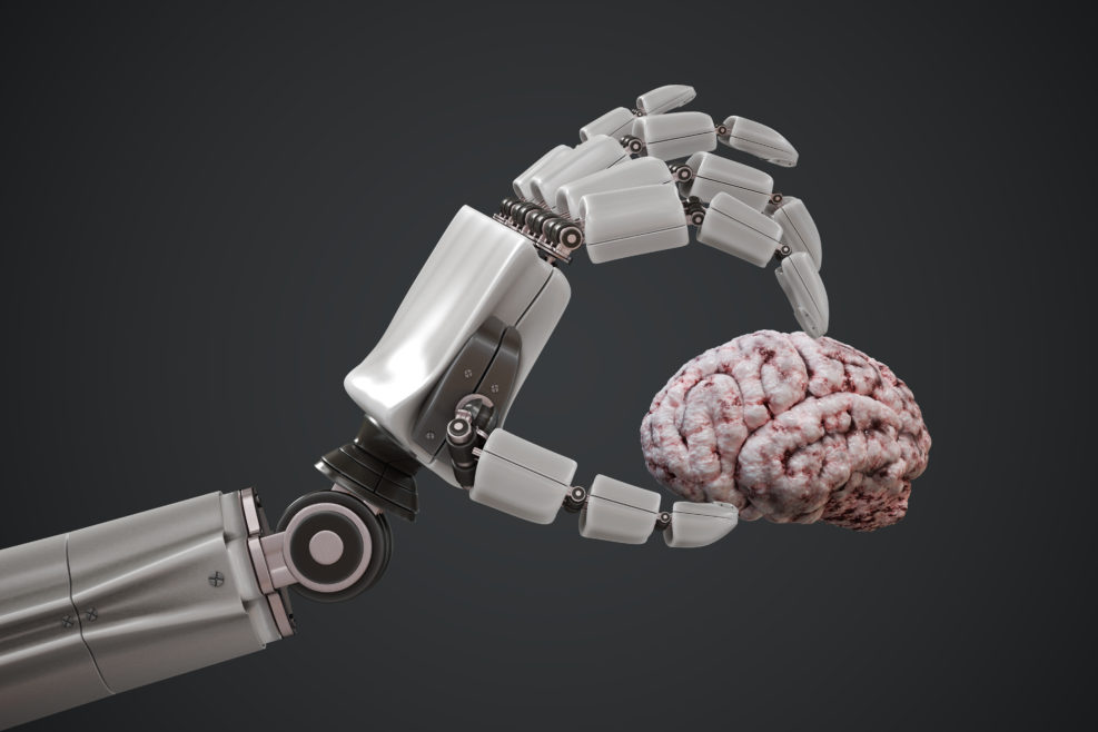 Artificial intelligence concept. Robotic hand is holding human brain. 3D rendered illustration.