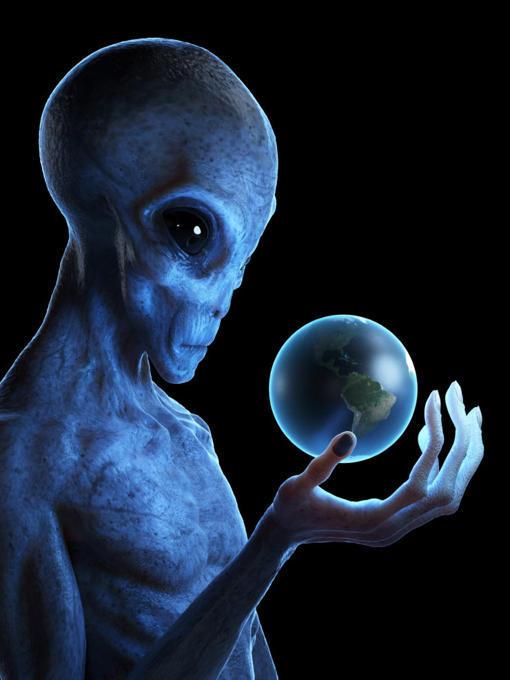 3d rendered medically accurate illustration of a grey alien holding the earth