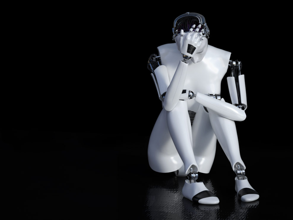 3D rendering of female robot looking sad.