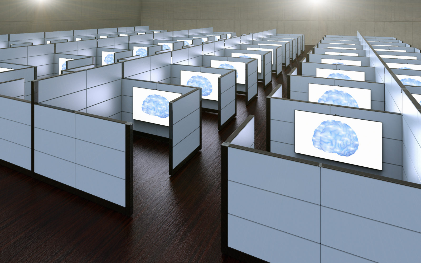 3D rendering of a conceptual images of office cubicles where workers where replaced by artificial intelligence.